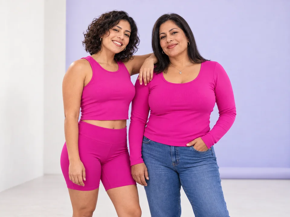 Imagen editorial generada: dos mujeres adultas con prendas fucsias en un estudio lavanda.